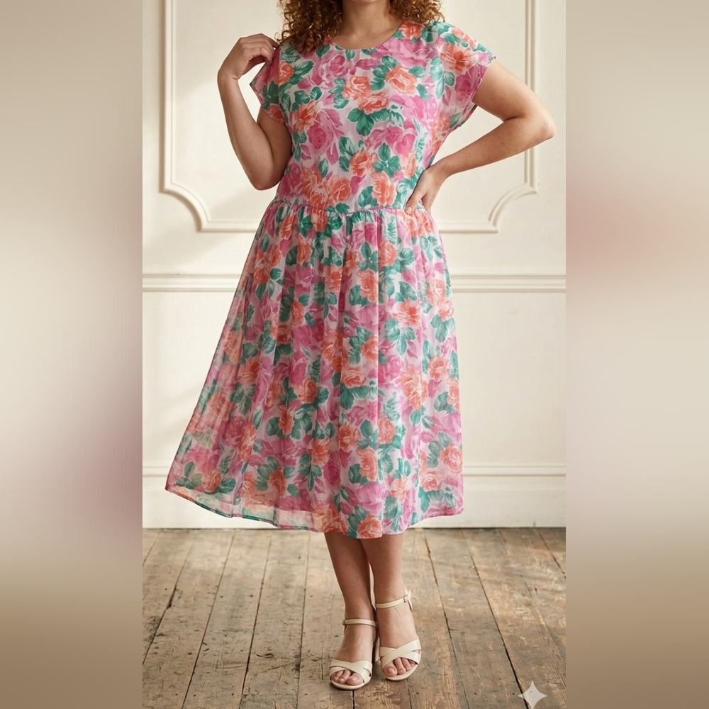 Vtg Andrea Gayle Floral Rose Midi Dress Size 18 Plus Pink Green Cottagecore USA